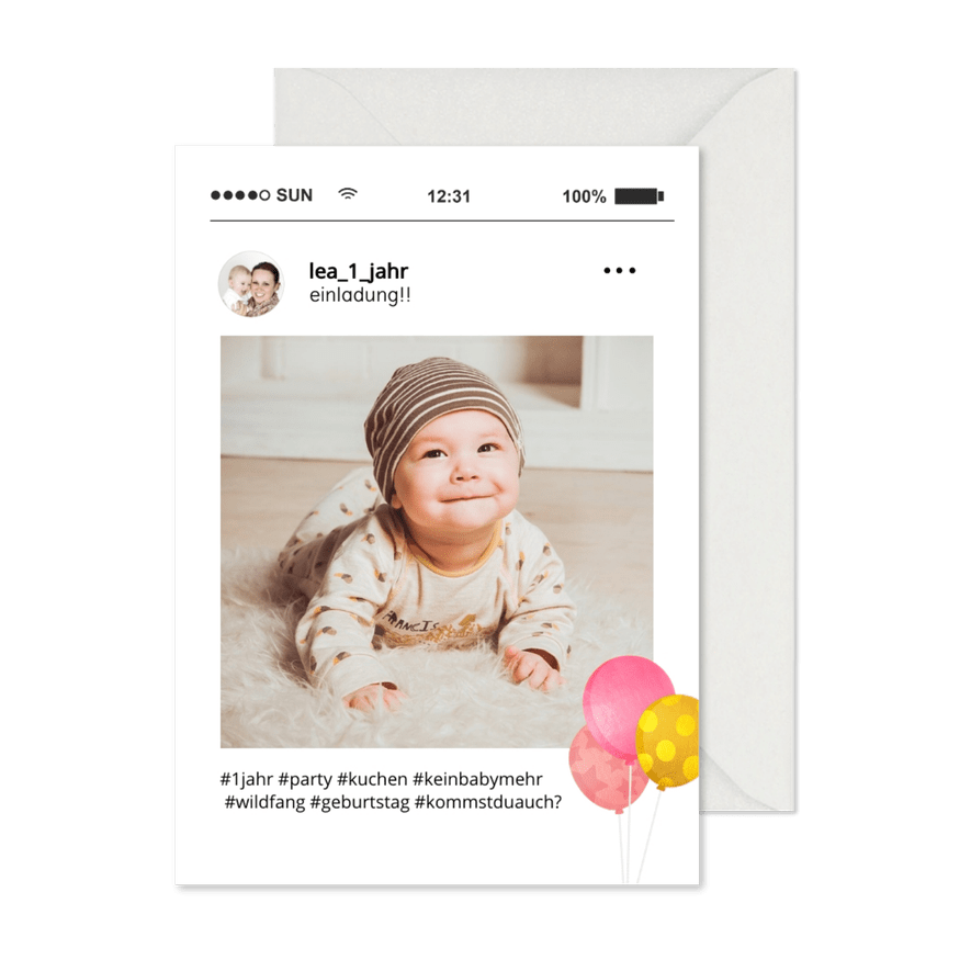 Einladungskarte 1. Geburtstag Social Media - Karteneindruck