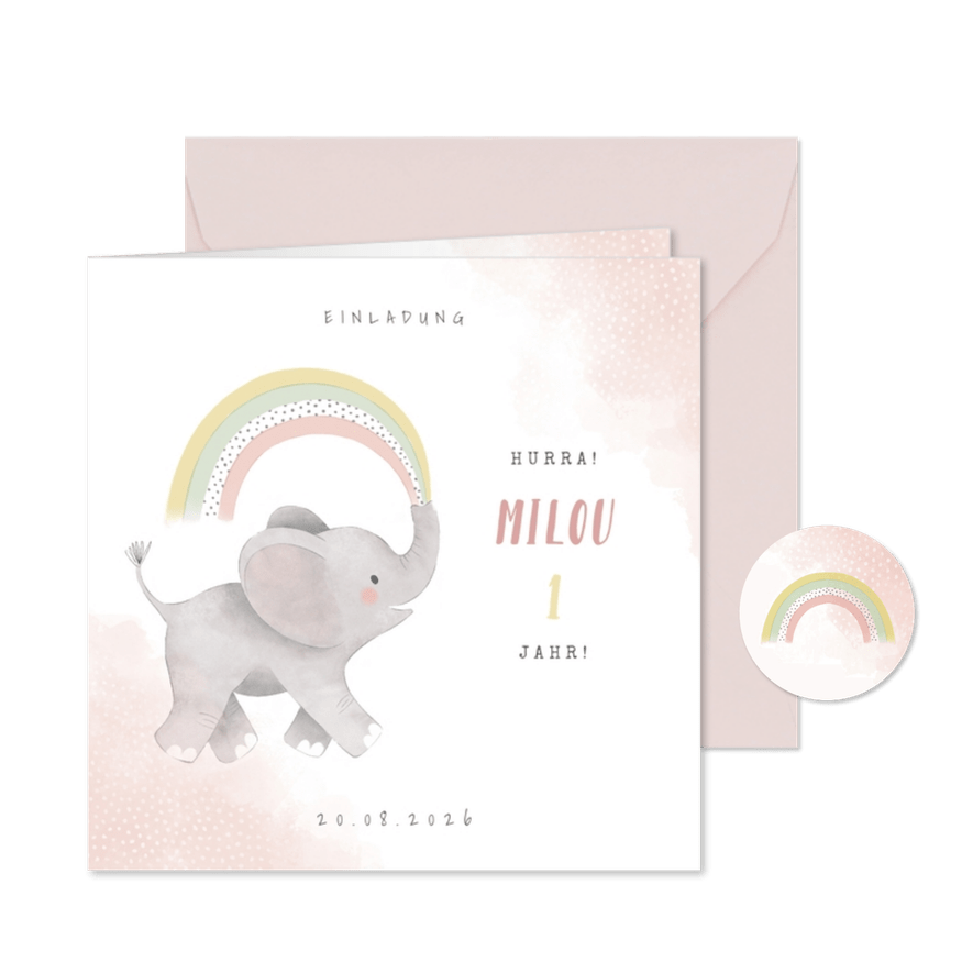 Einladungskarte 1. Kindergeburtstag Elefant & Regenbogen - Karteneindruck

