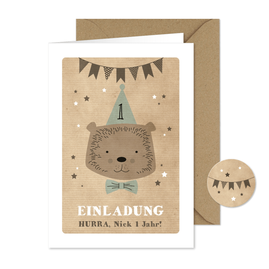 Einladungskarte 1. Kindergeburtstag Partybär und Sterne - Karteneindruck