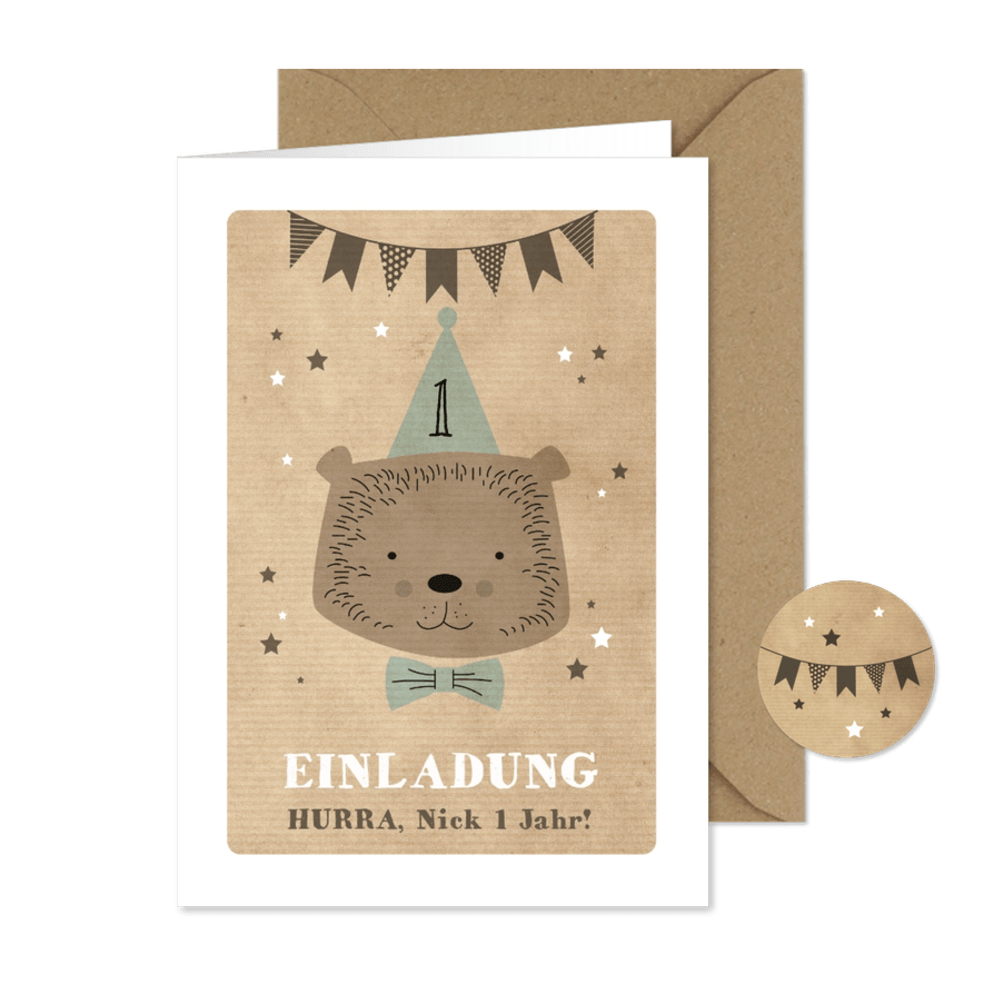 Einladungskarte 1. Kindergeburtstag Partybär und Sterne - Kartenvorschau