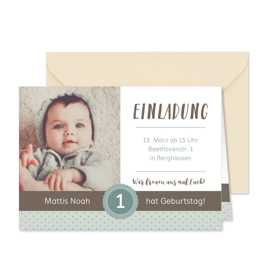 Einladungskarte 1. Kindergeburtstag sanftes Blau mit Foto - Karteneindruck