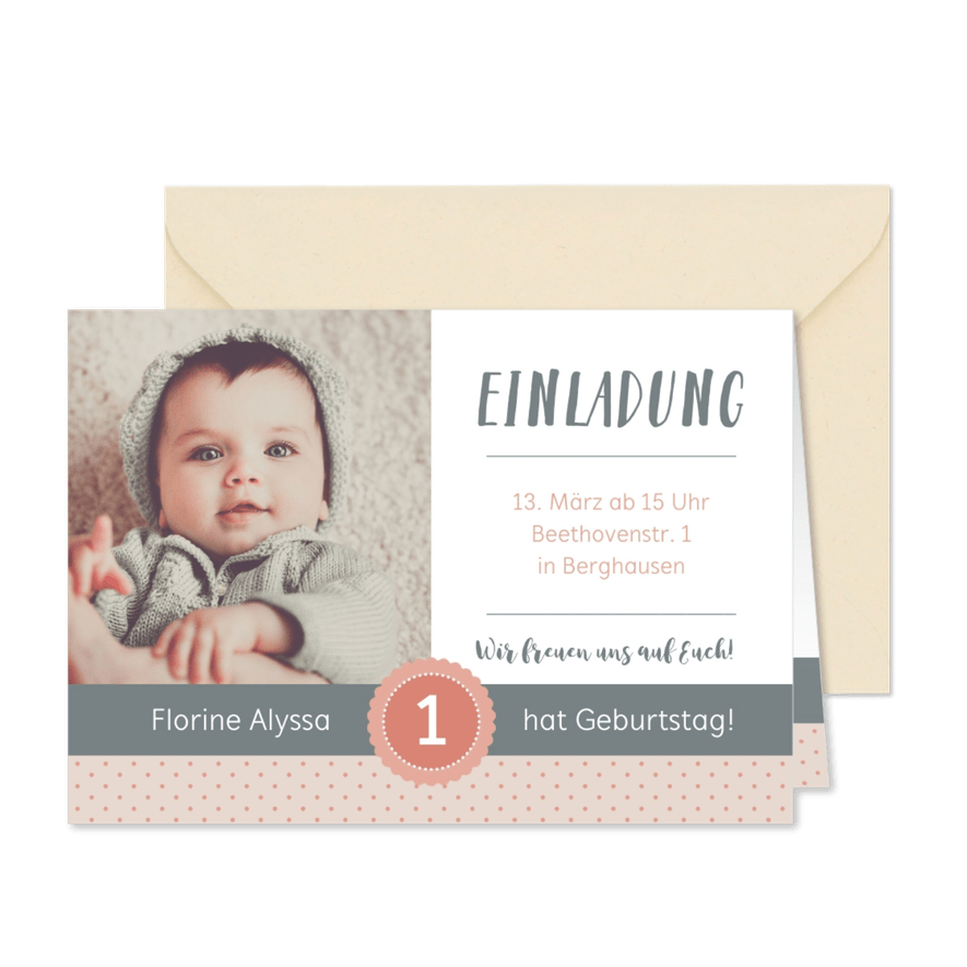 Einladungskarte 1. Kindergeburtstag sanftes Rosé mit Foto - Karteneindruck

