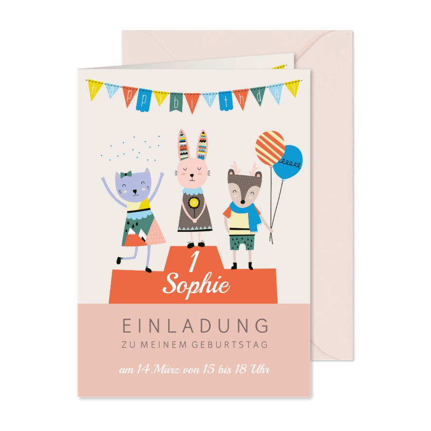 Einladungskarte 1. Kindergeburtstag Tiere auf Siegerpodest - Karteneindruck

