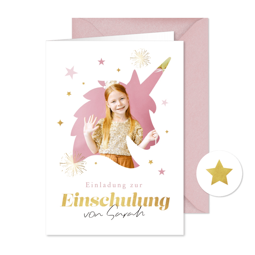 Einladungskarte 1. Schultag Foto in Einhornform - Karteneindruck