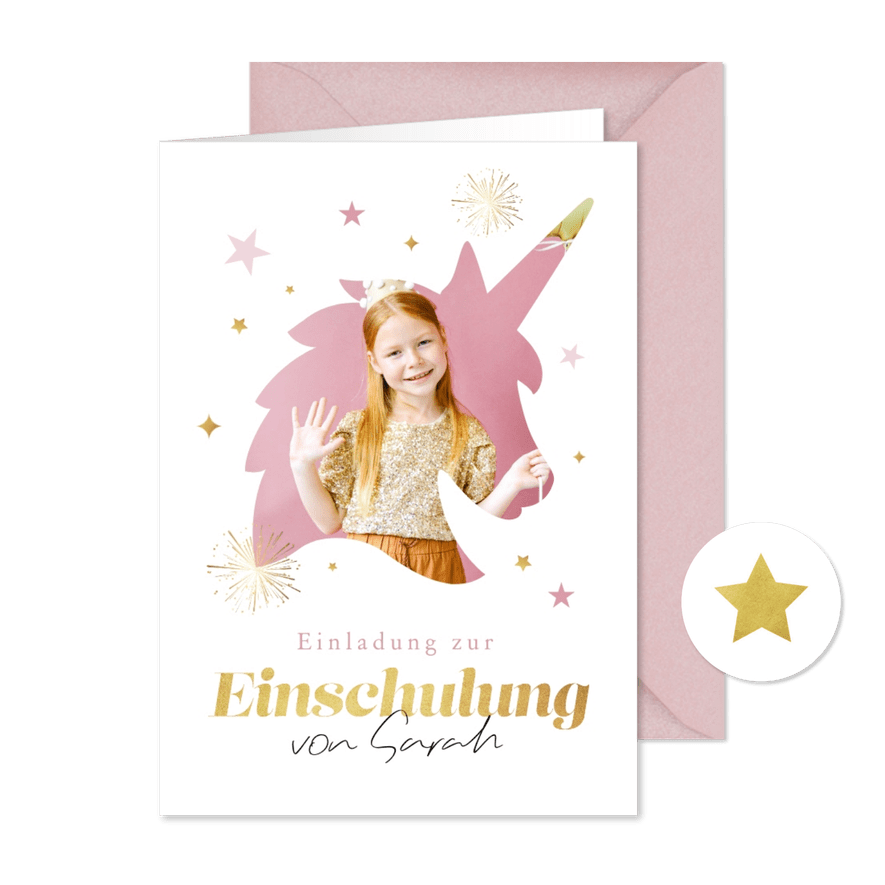 Einladungskarte 1. Schultag Foto in Einhornform - Kartenvorschau