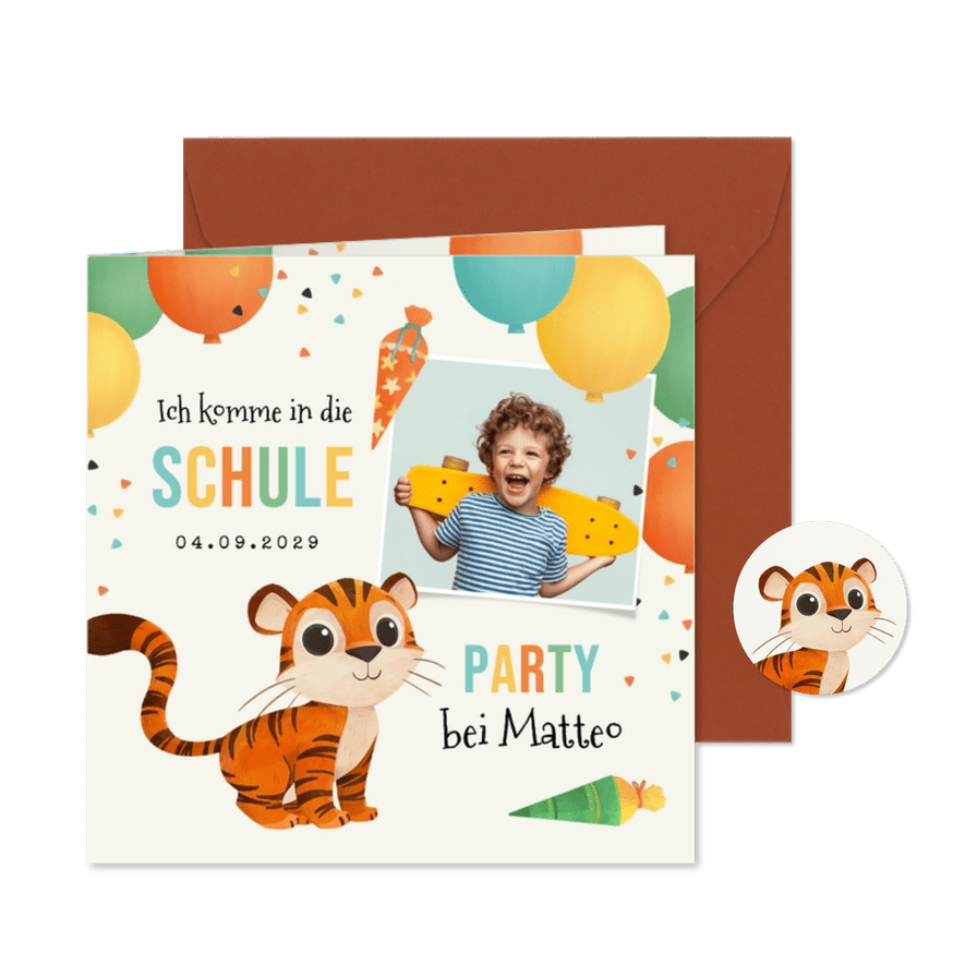 Einladungskarte 1. Schultag Foto & Tiger - Karteneindruck