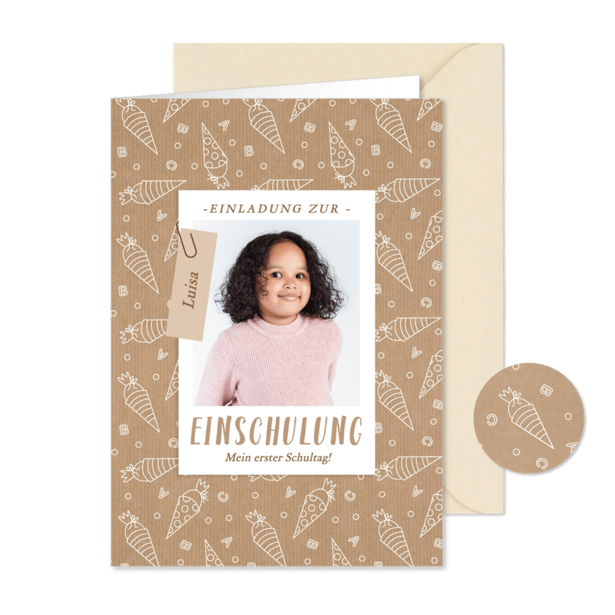 Einladungskarte 1. Schultag Schultüten Kraftpapierlook - Karteneindruck