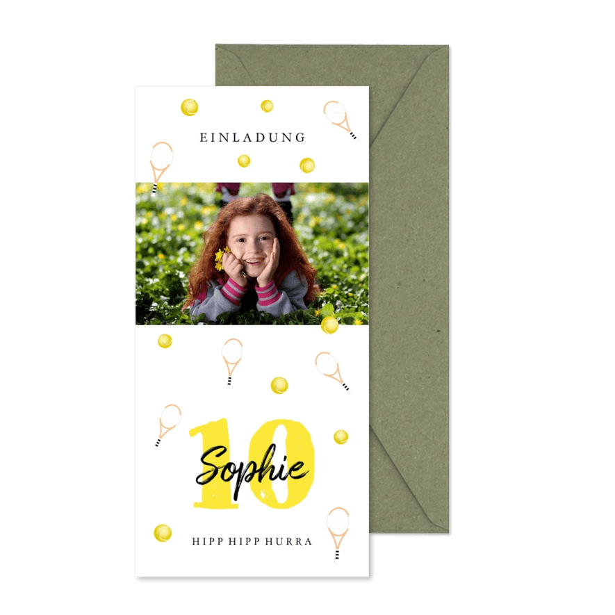 Einladungskarte 10. Kindergeburtstag Tennis mit Foto - Karteneindruck
