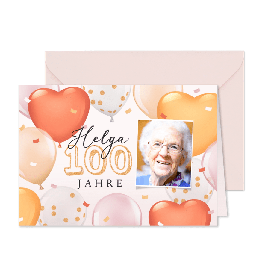 Einladungskarte 100. Geburtstag Frau Foto & Luftballons - Karteneindruck
