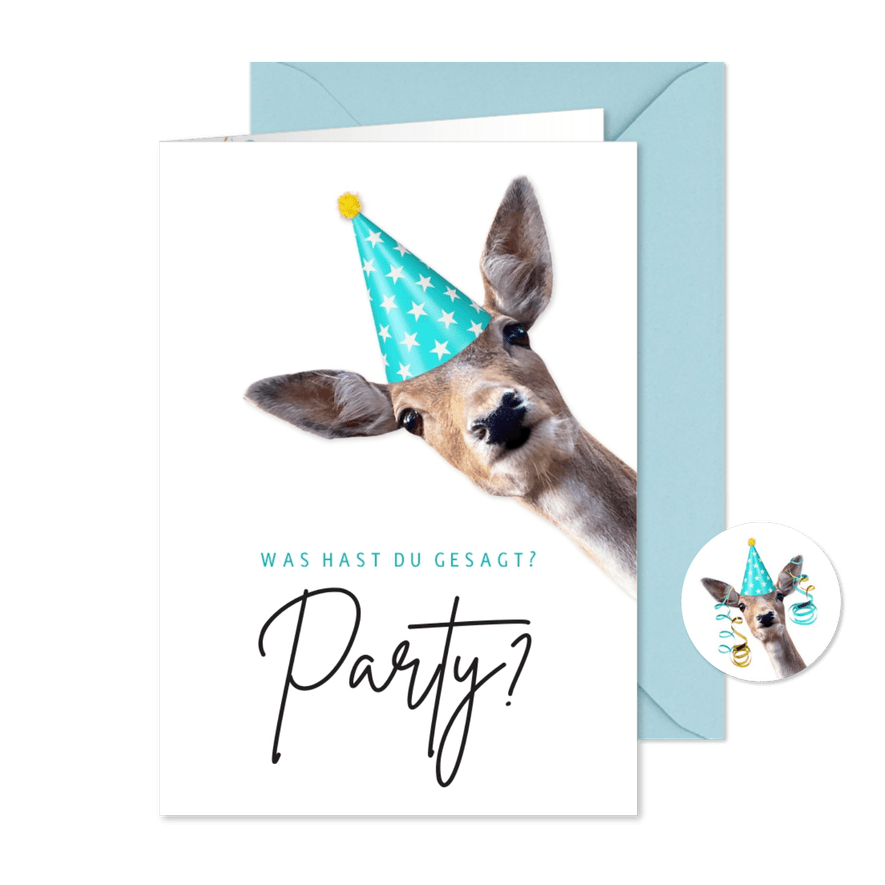 Einladungskarte 11. Kindergeburtstag Reh mit Partyhut - Karteneindruck