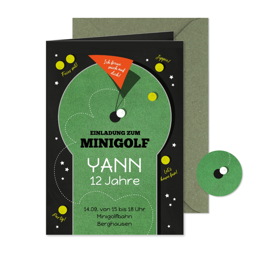 Einladungskarte 12. Kindergeburtstag Minigolf - Karteneindruck
