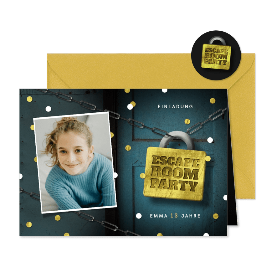 Einladungskarte 13. Kindergeburtstag Escape Room Foto - Kartenvorschau
