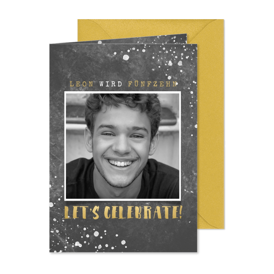 Einladungskarte 15. Geburtstag Betonwand mit Foto - Karteneindruck