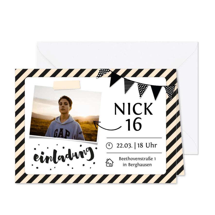 Einladungskarte 16. Geburtstag mit Foto und Rahmen - Karteneindruck