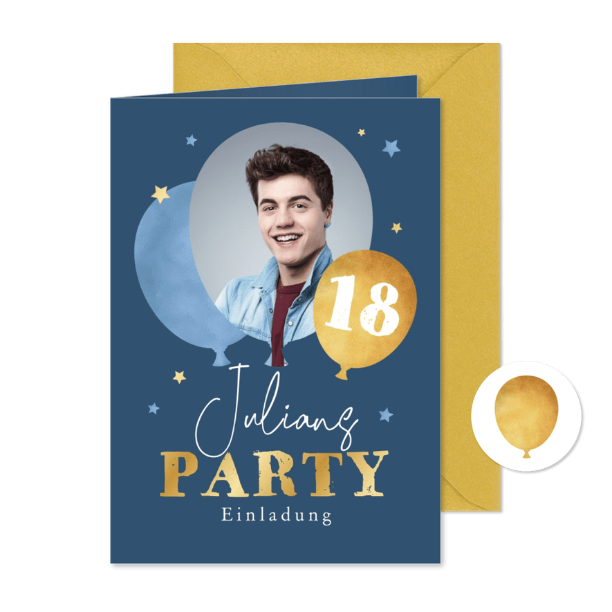 Einladungskarte 18. Geburtstag mit Foto & Luftballons - Karteneindruck