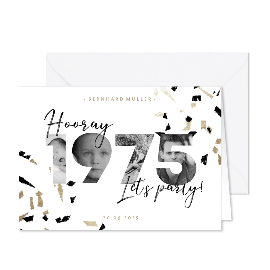 Einladungskarte 1975 Fotocollage und Konfetti - Karteneindruck