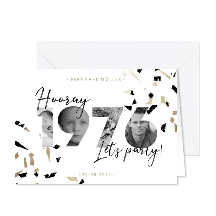 Einladungskarte 1976 Fotocollage und Konfetti - Karteneindruck
