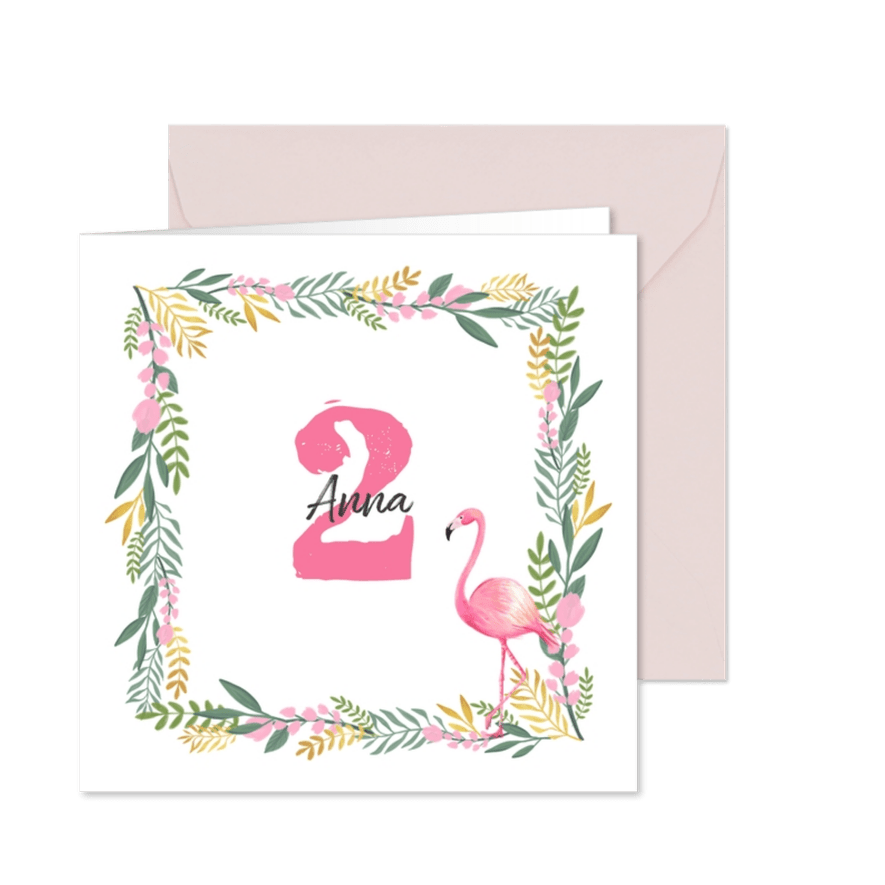 Einladungskarte 2. Kindergeburtstag Flamingo und Zweige - Karteneindruck