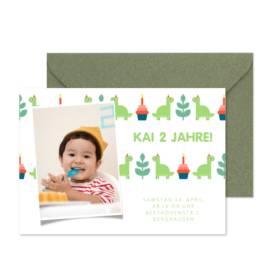 Einladungskarte 2. Kindergeburtstag kleine Dinosaurier - Karteneindruck