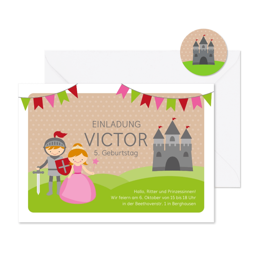 Einladungskarte 2. Kindergeburtstag Ritter und Prinzessin - Kartenvorschau