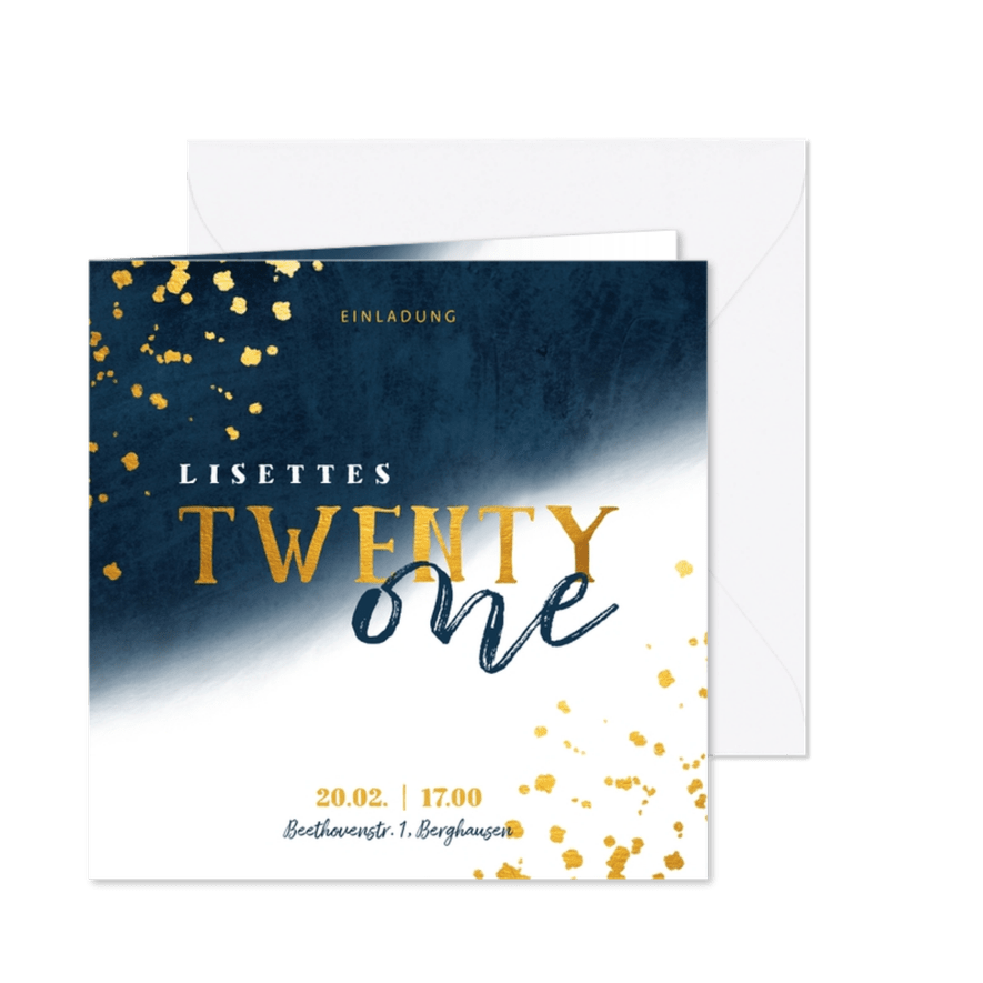 Einladungskarte 21. Geburtstag blau und 'twenty one' - Karteneindruck
