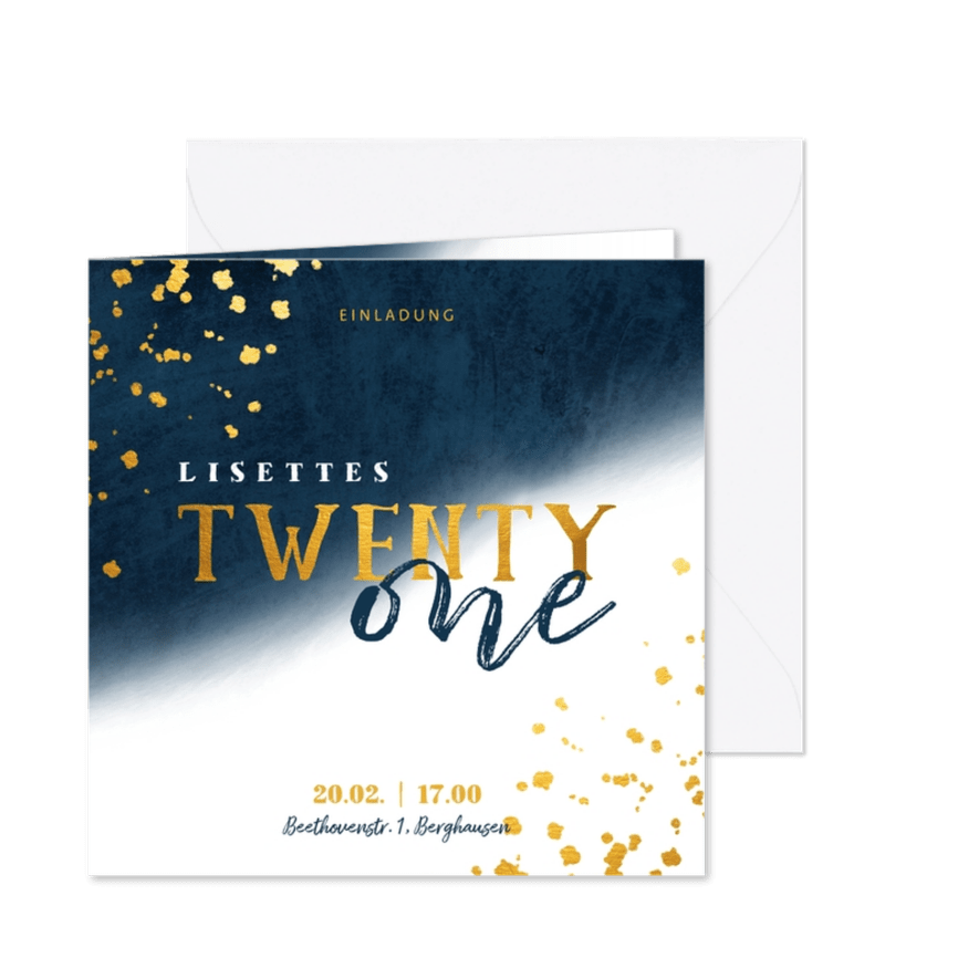 Einladungskarte 21. Geburtstag blau und 'twenty one' - Karteneindruck