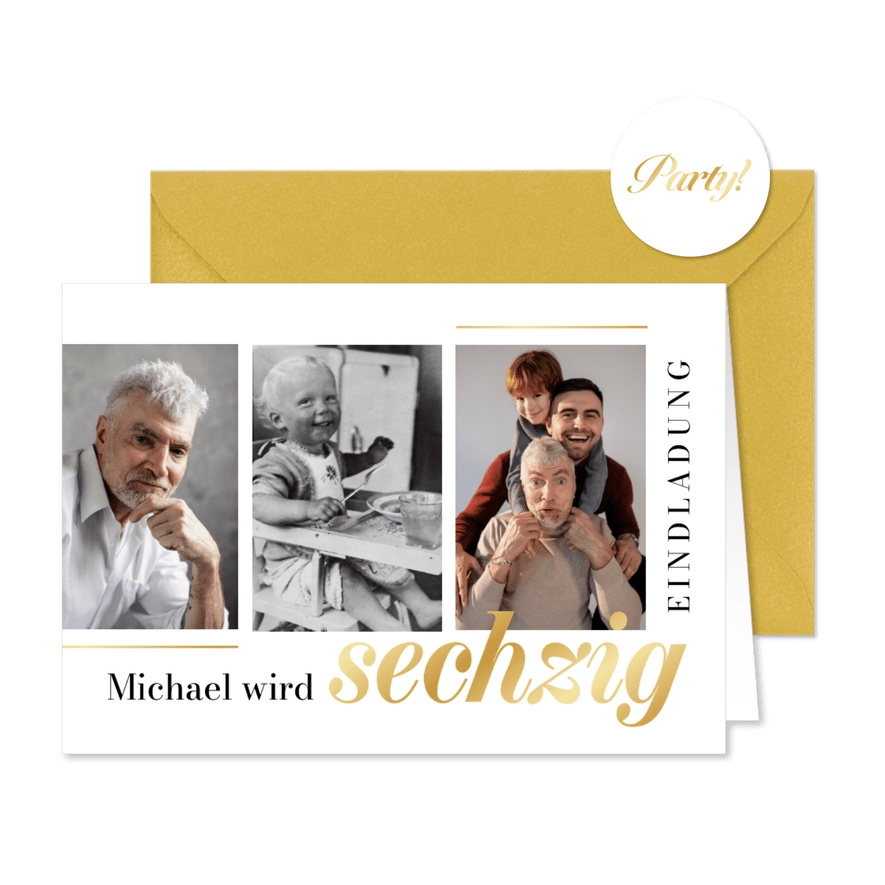 Einladungskarte 3 Fotos 60. Geburtstag Schriftzug - Karteneindruck
