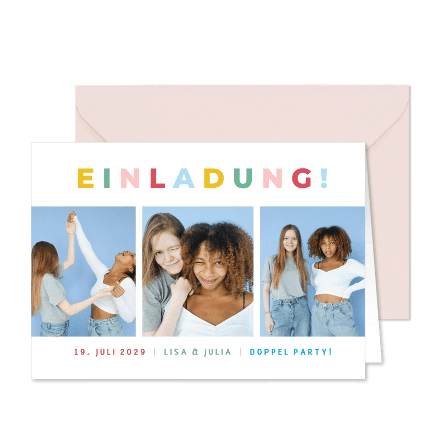 Einladungskarte 3 Fotos Doppel Geburtstag bunt - Kartenvorschau