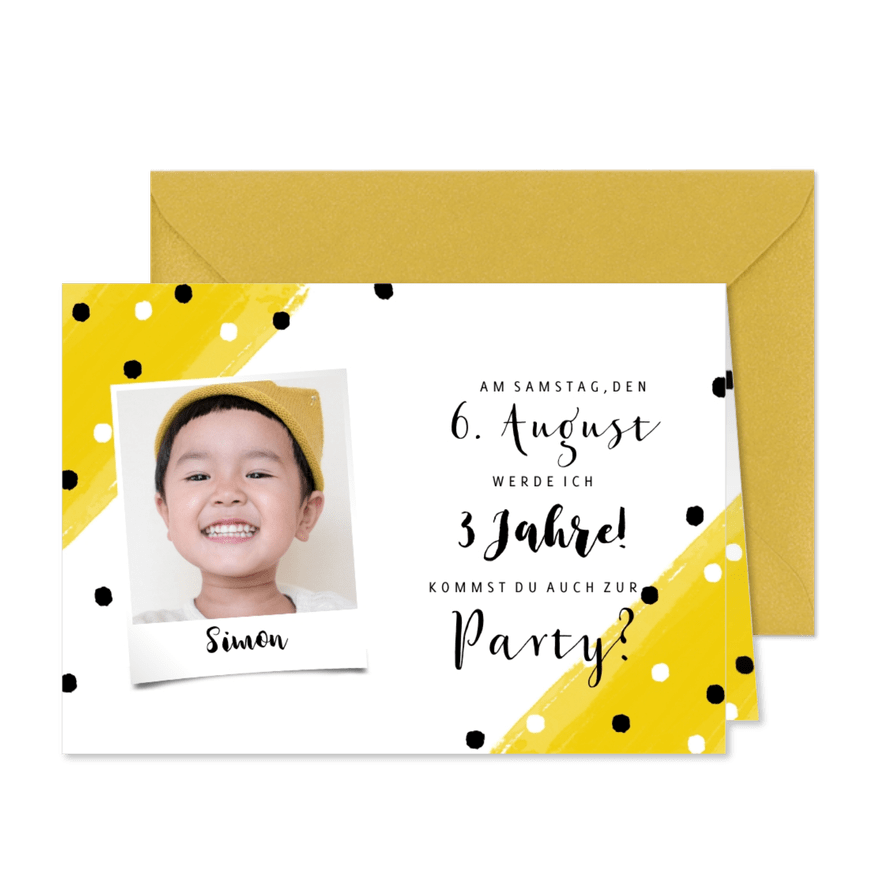 Einladungskarte 3. Kindergeburtstag Konfetti und Foto - Karteneindruck