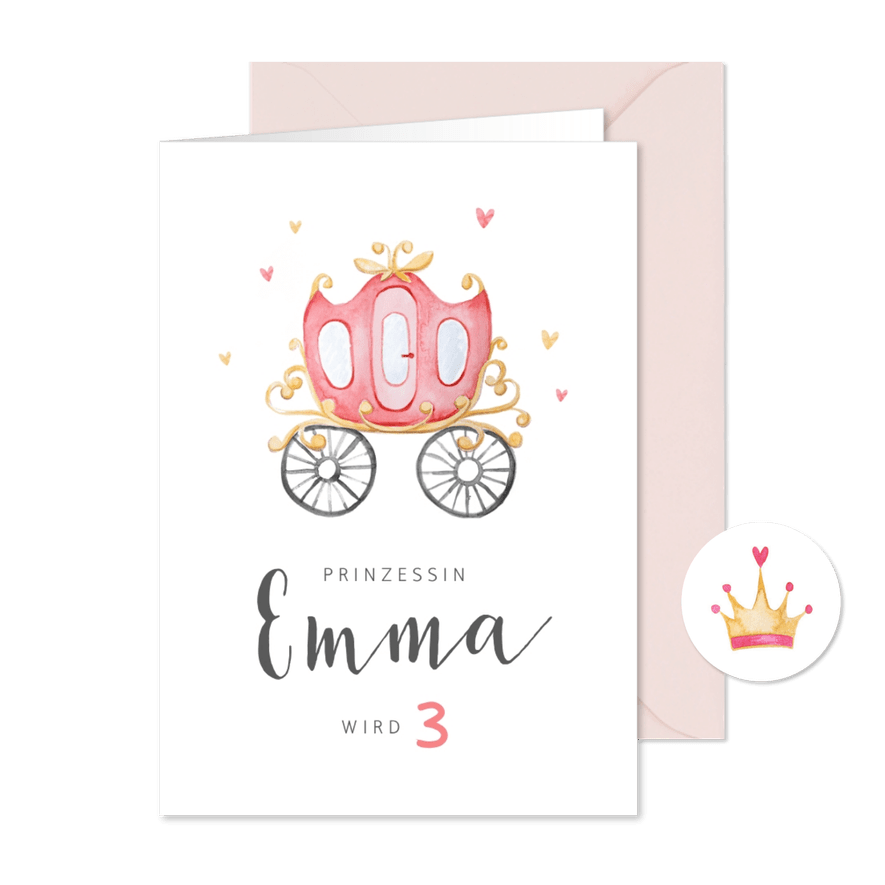 Einladungskarte 3. Kindergeburtstag rosa Kutsche - Karteneindruck
