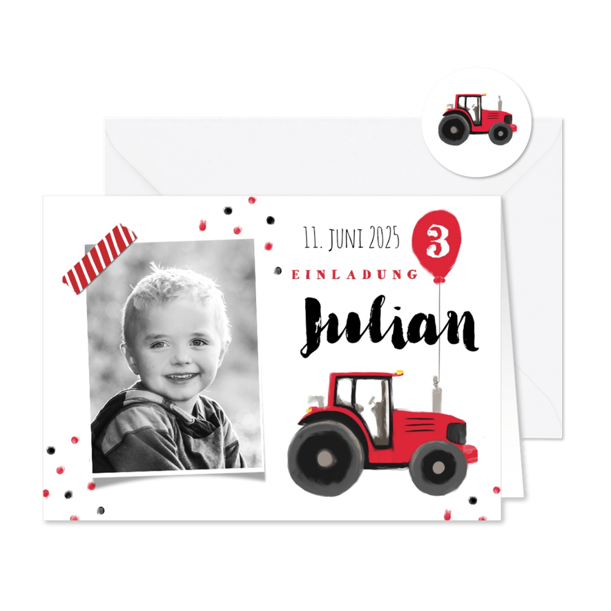 Einladungskarte 3. Kindergeburtstag Traktor mit Luftballon - Karteneindruck

