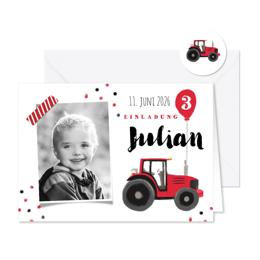 Einladungskarte 3. Kindergeburtstag Traktor mit Luftballon - Karteneindruck
