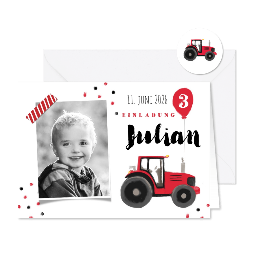 Einladungskarte 3. Kindergeburtstag Traktor mit Luftballon - Karteneindruck
