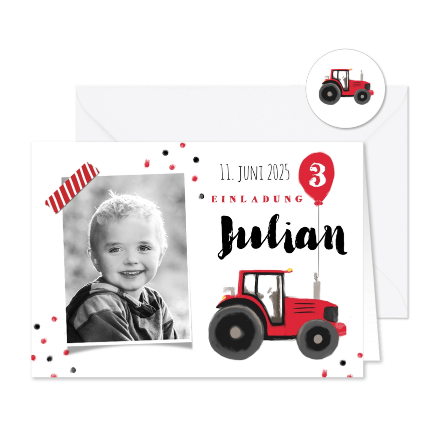 Einladungskarte 3. Kindergeburtstag Traktor mit Luftballon - Karteneindruck
