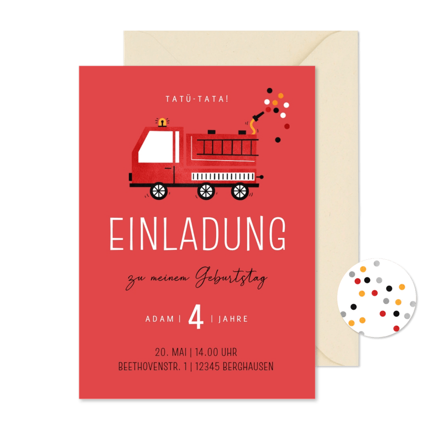 Einladungskarte 4. Kindergeburtstag Feuerwehr - Karteneindruck