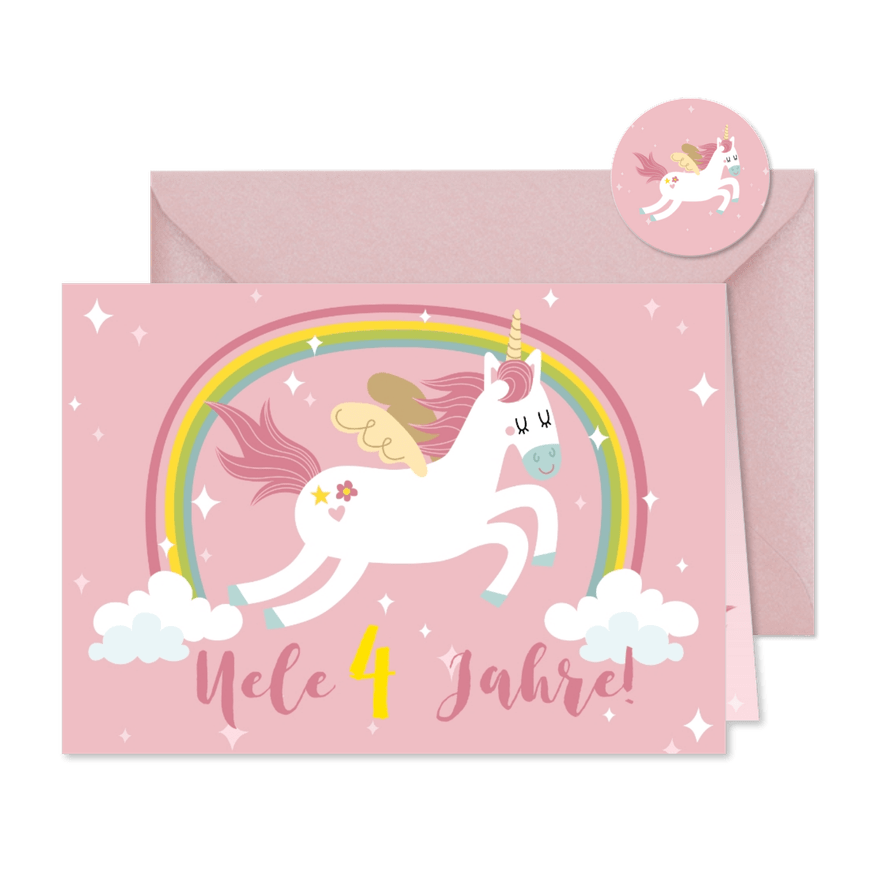 Einladungskarte 4. Kindergeburtstag Regenbogen und Einhorn - Karteneindruck