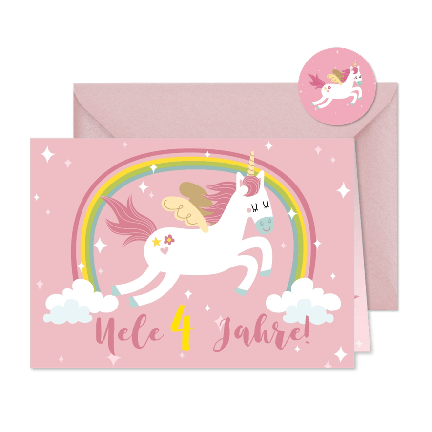 Einladungskarte 4. Kindergeburtstag Regenbogen und Einhorn - Kartenvorschau