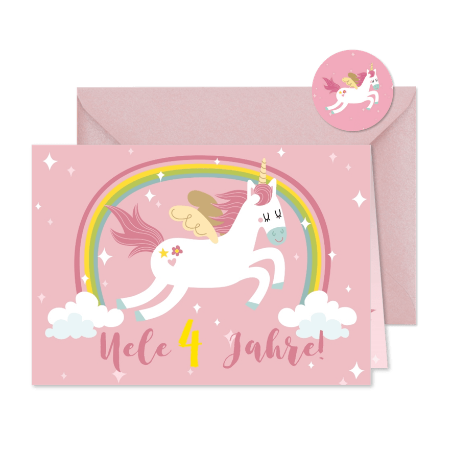 Einladungskarte 4. Kindergeburtstag Regenbogen und Einhorn - Karteneindruck
