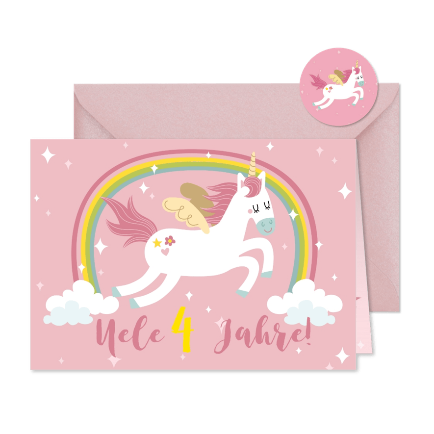 Einladungskarte 4. Kindergeburtstag Regenbogen und Einhorn - Karteneindruck
