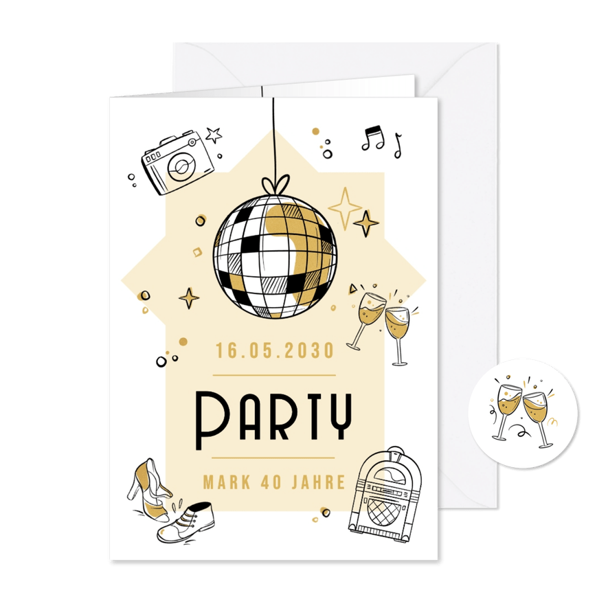 Einladungskarte 40. Geburtstag Discokugel Doodles - Kartenvorschau