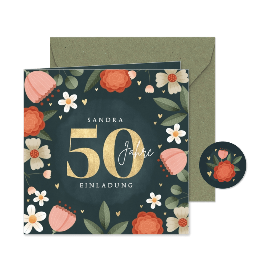 Einladungskarte 50. Geburtstag Blumen - Kartenvorschau