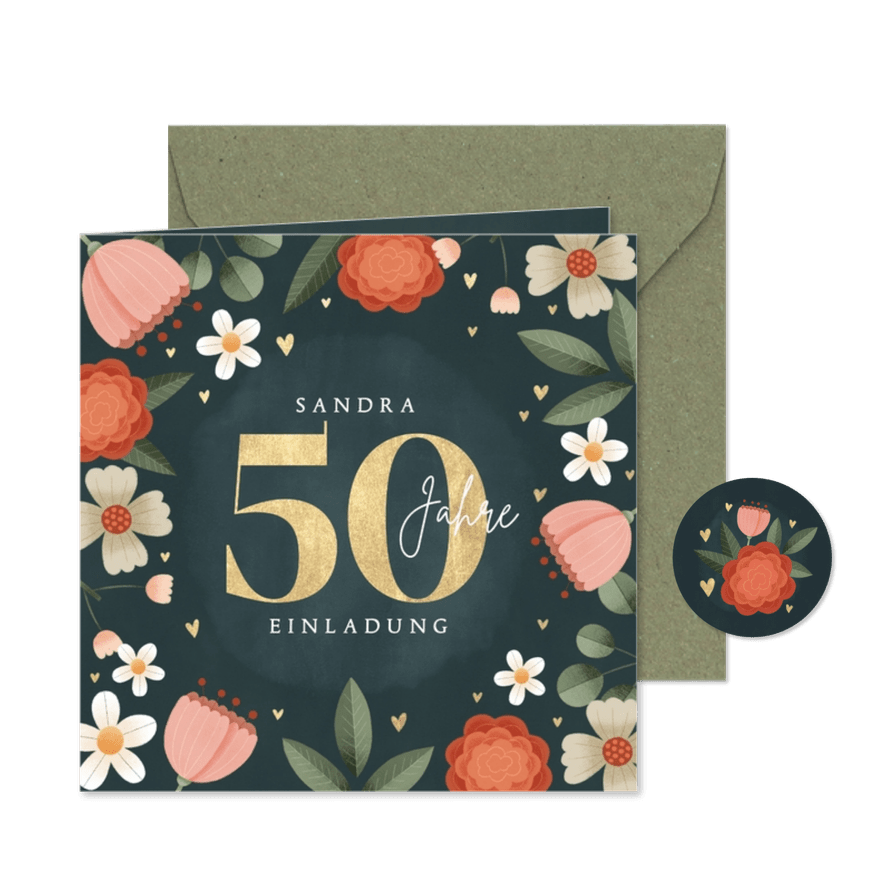Einladungskarte 50. Geburtstag Blumen - Karteneindruck
