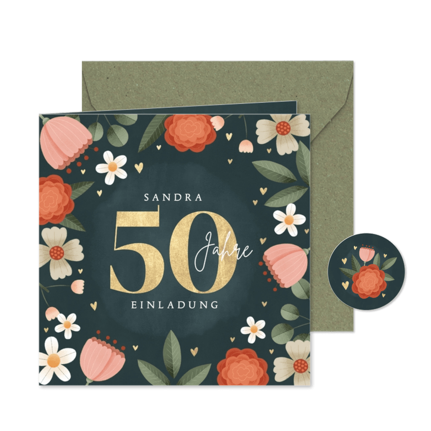 Einladungskarte 50. Geburtstag Blumen - Karteneindruck