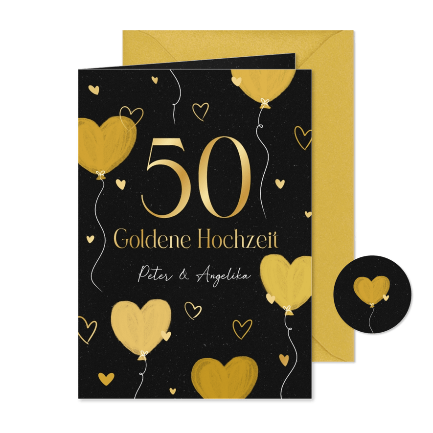 Einladungskarte 50 Goldene Hochzeit Herzluftballons - Karteneindruck