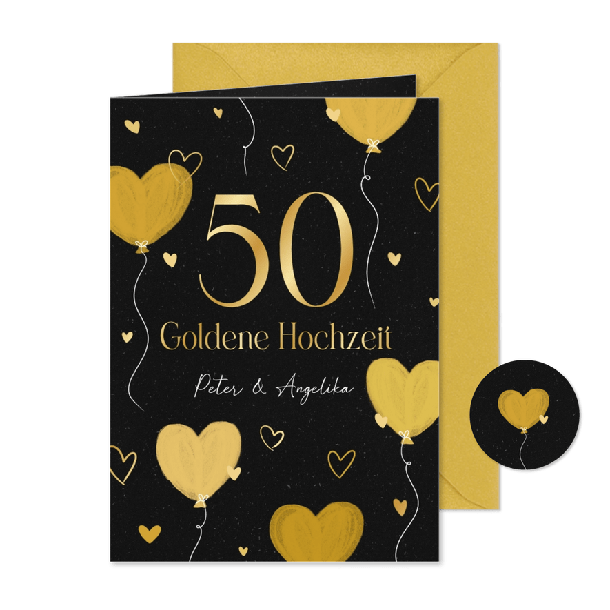 Einladungskarte 50 Goldene Hochzeit Herzluftballons - Karteneindruck
