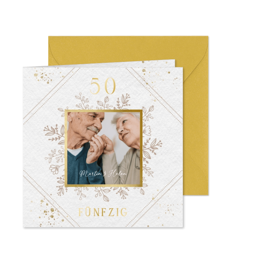 Einladungskarte 50. Hochzeitstag mit Blüten & Foto - Karteneindruck
