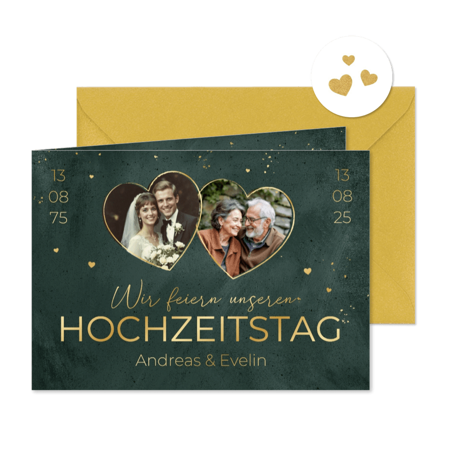 Einladungskarte 50. Hochzeitstag mit Fotos in Herzen - Karteneindruck
