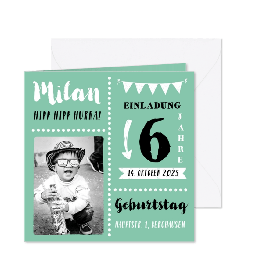 Einladungskarte 6. Geburtstag Foto und Text - Karteneindruck
