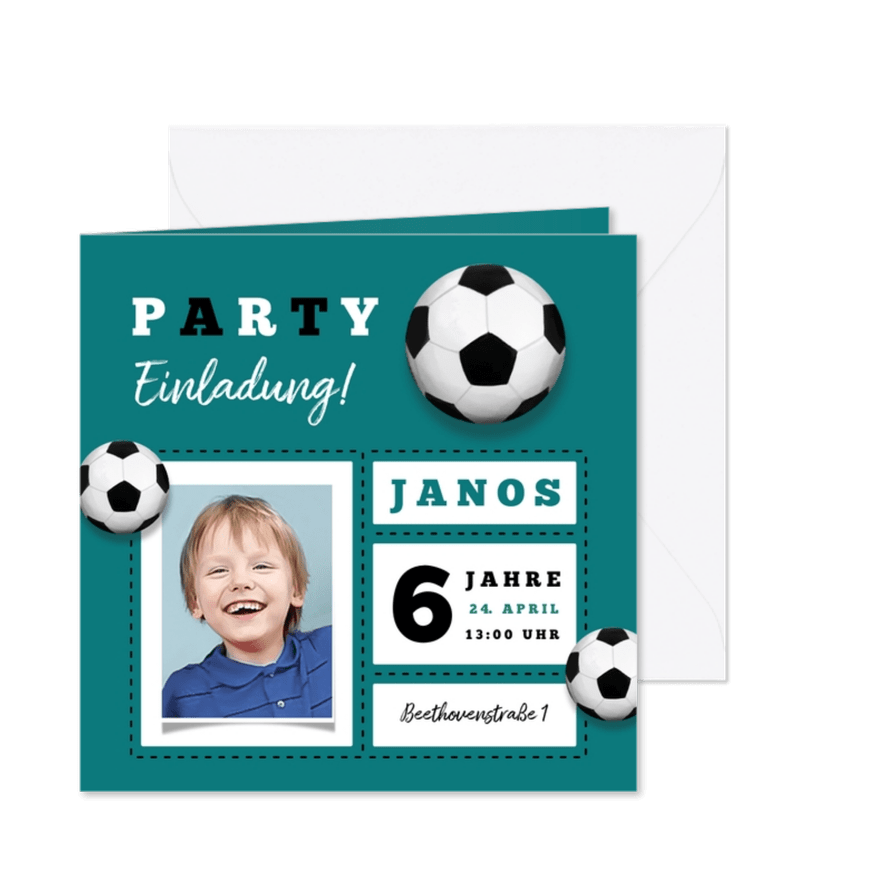 Einladungskarte 6. Kindergeburtstag Fußball und Foto - Karteneindruck