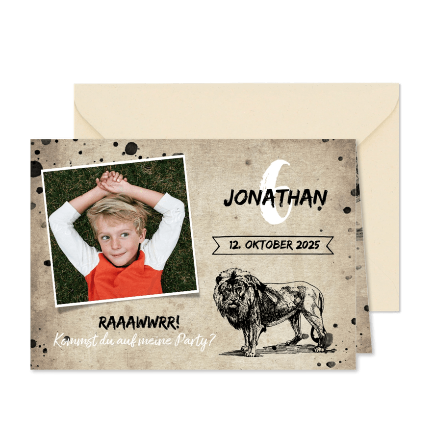 Einladungskarte 6. Kindergeburtstag Löwe & Fotos - Karteneindruck